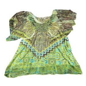 One World Sz 1X Y2K- Blouse- Lime Green Scoop Neck- Flowy Sleeve- preowned